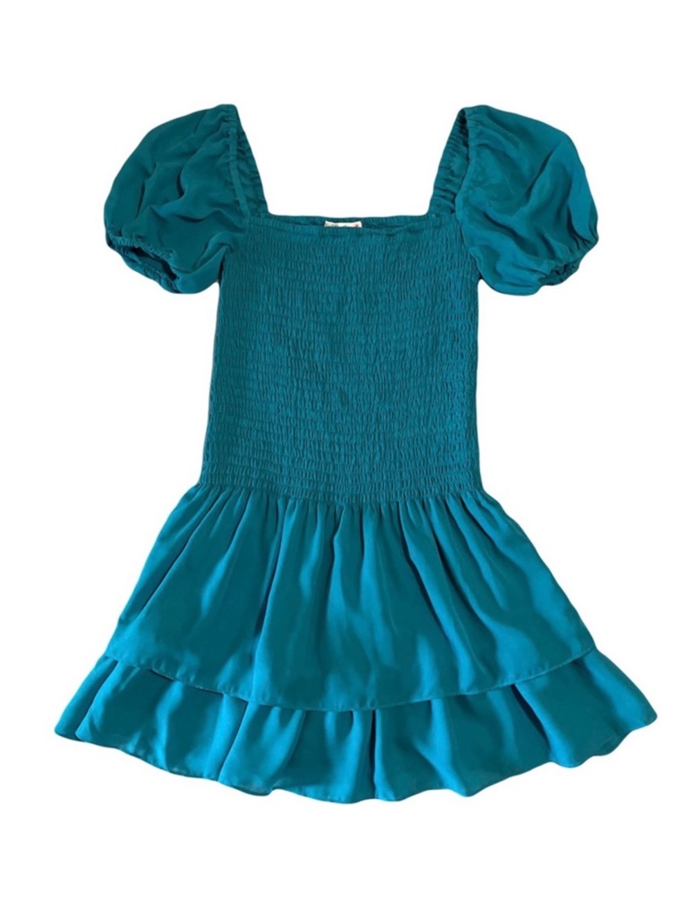Parker Silk Smocked Mini Dress Teal Puff Sleeve Ruffle S Small NWOT - Picture 3 of 8